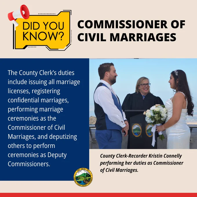 County Clerk officiating a wedding ceremony as Commissioner of Civil Marriages, with bride and groom standing together at the summit of Mount Diablo with the Contra Costa County Seal.