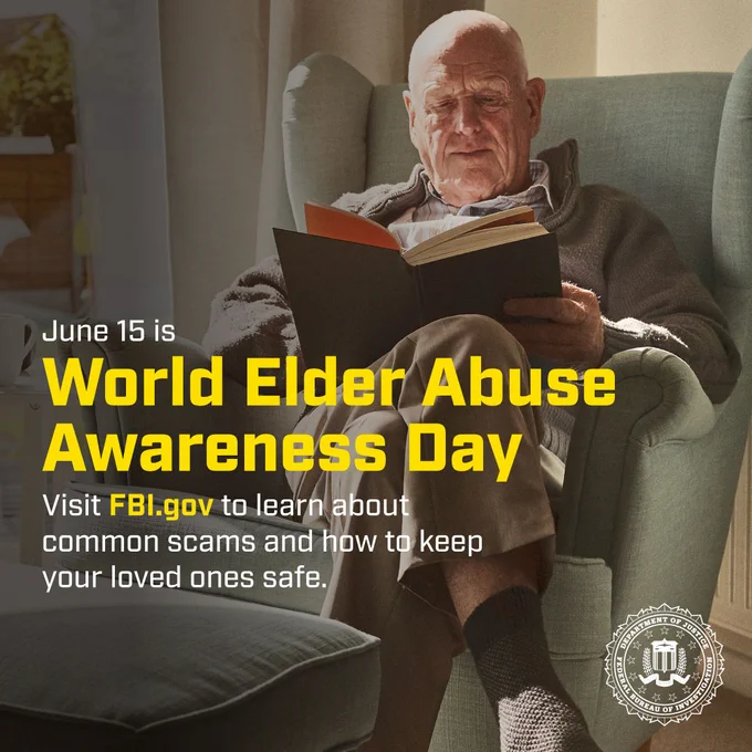 Elderly man sitting in a cozy armchair reading a book, highlighting World Elder Abuse Awareness Day on June 15 with FBI.gov resources.