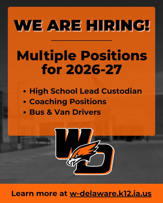 Orange hiring announcement for multiple 2026-27 positions including high school lead custodian, coaching roles, and bus and van drivers.