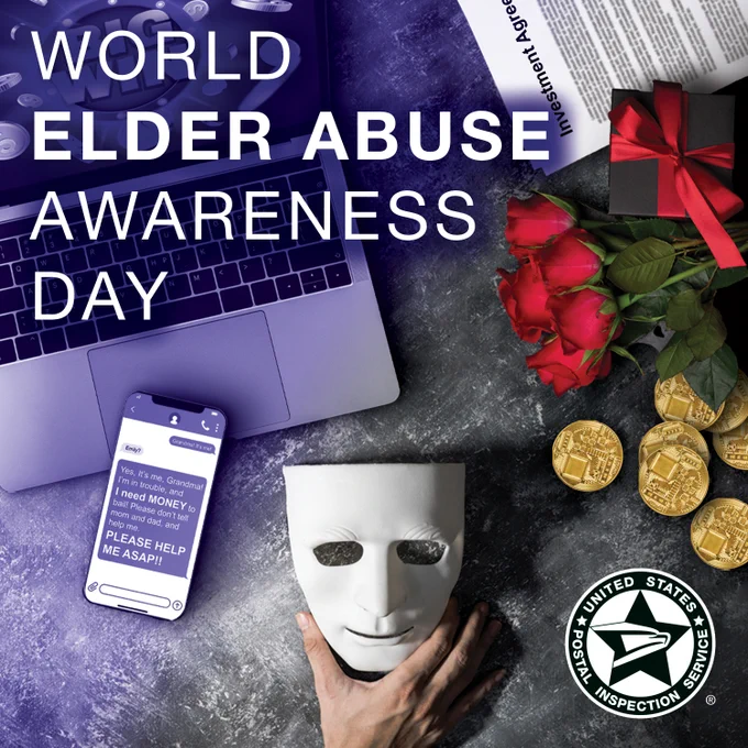 A hand reaches for a porcelain mask on a textured background near a phone asking for urgent help, roses, an investment agreement, and gold coins to highlight various imposter scams on World Elder Abuse Awareness Day.