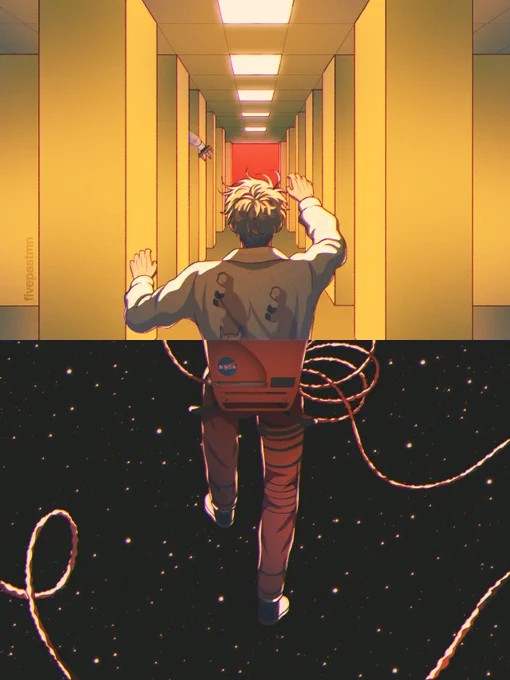 A crossover illustration of Ryland Grace from Project Hail Mary in the Backrooms. The work is split into two, with Grace in the middle. His back is to the viewer, his arms and legs in the air as if he’s falling. The upper half shows a narrow hallway in the Backrooms, with the signature yellow walls and openings leading to other hallways. At the end of the hallway is a glowing red wall, similar to the red of the Petrova Line. Armando’s robotic arm peeks out from one of the halls. Grace’s upper half is shown wearing the beige fox-themed cardigan. The lower half shows the rest of Grace’s body, but in the red EVA suit. A safety tether is attached to him. He’s floating in outer space.