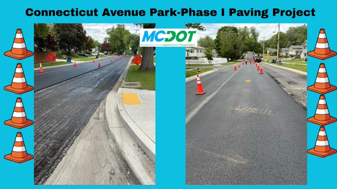 Freshly paved road section with orange traffic cones guiding vehicles during Connecticut Avenue Park Phase I paving project.