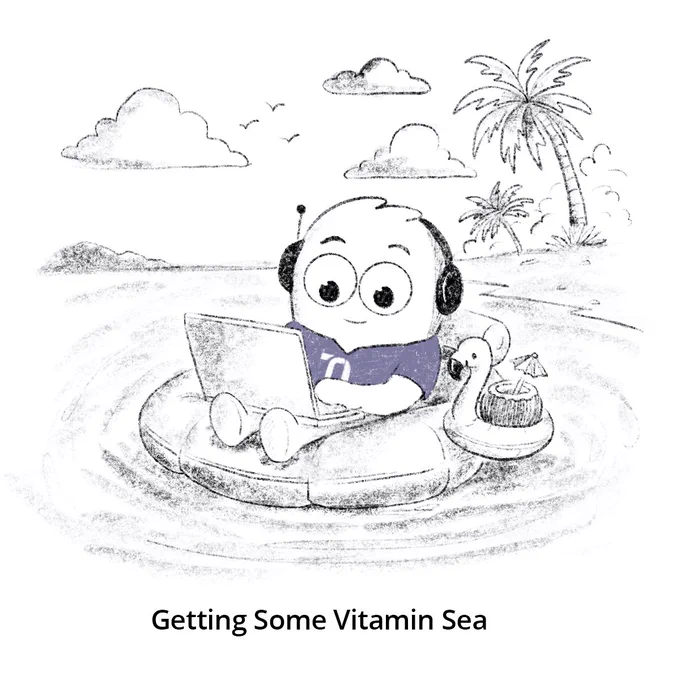 Techie, the mascot for TechTrend, an AI solutions company for GovCon's, wearing headphones and holding a laptop is relaxing on a float in the ocean, accompanied by a small inflatable drink holder with a cocktail. There's a palm tree and birds in the background. Text at the bottom reads "Getting Some Vitamin Sea.