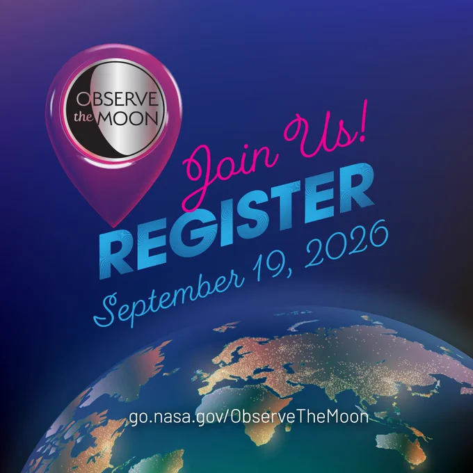 Illustrated graphic showing a portion of Earth, with major land masses appearing gold-brown and blue-green. The text "Join Us! Register September 19, 2026" is centered. At upper left, a simple representation of a waxing gibbous Moon with the words “Observe the Moon” is shown inside of a location pin. 