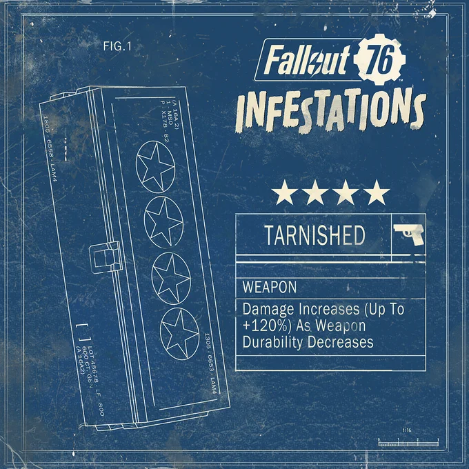 A blueprint image showing a 4-Star Legendary Mod from Fallout 76. It has a stencil of the mod box as well as text listing the mods effects. Tarnished - Weapon - Damage increases (up to  120%) as weapon durability decreases.