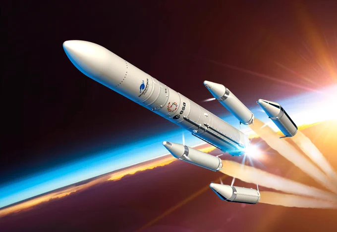 Ariane 6 with four P160C boosters during separation artist impression