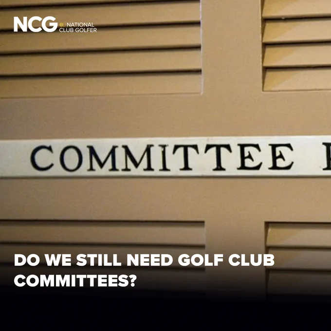 A sign labeled 'Committee Room' raises the question: do we still need golf club committees? The image has a contemplative tone.