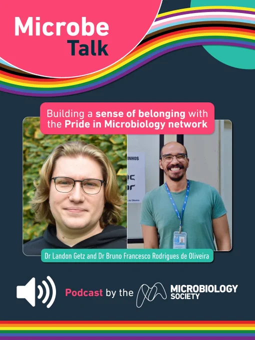 Visual description: A new Microbe Talk podcast episode with the Pride in Microbiology network, titled "Building a sense of belonging with the Pride in Microbiology network", with guests Dr Landon Getz and Dr Bruno Francesco Rodrigues de Oliveira.