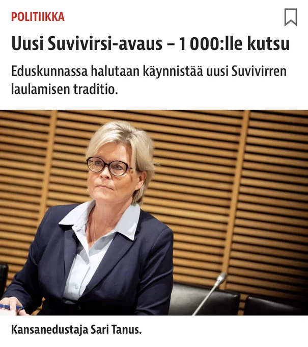 Kuvakaappaus uutisartikkelista. Otsikko: “Uusi Suvivirsi-avaus – 1 000:lle kutsu”. Alaotsikossa kerrotaan, että eduskunnassa halutaan käynnistää uusi Suvivirren laulamisen traditio. Kuvassa kansanedustaja Sari Tanus istuu kokoussalissa.