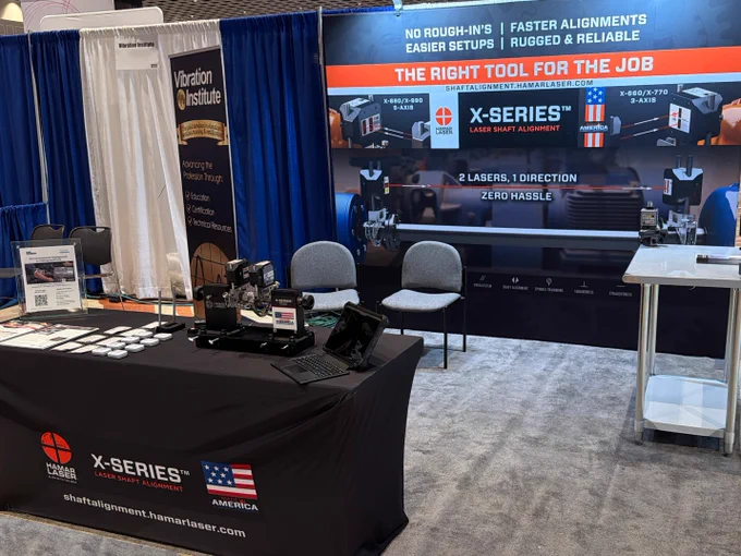Trade show booth for Hamar Laser X-Series at EASA 2026 in Orlando, showing laser shaft alignment demo equipment and an L-742 flatness and leveling demonstration setup at Booth 1224.