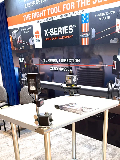 Trade show booth for Hamar Laser X-Series at EASA 2026 in Orlando, showing laser shaft alignment demo equipment and an L-742 flatness and leveling demonstration setup at Booth 1224.