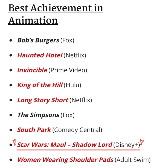 A screenshot of the article linked in the quoted tweet that lists nominees for the Best Achievement in Animation award. Star Wars: Maul — Shadow Lord is listed.