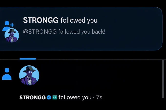 A user named STRONGG follows another account and receives a follow-back notification. Both profiles show a stylized avatar.