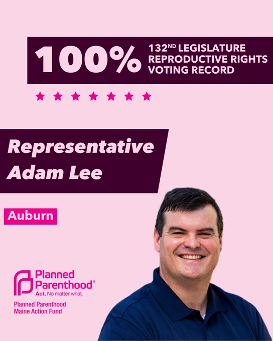 The words "100% 132nd legislature reproductive rights voting record" in light pink font on a maroon rectangle on the top right with a light pink background. Below the rectangle are seven bright pink stars. A photograph of Representative Adam Lee is below on the right. To the left "Representative Adam Lee" is written in light pink font on a maroon rhombus and "Auburn" is written below in light pink font on a bright pink background. On the bottom left is the Planned Parenthood Maine Action Fund logo in pink.