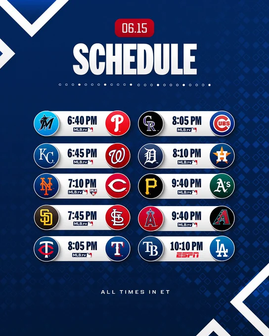 June 15 Schedule
All Times in ET
All Games Available on MLB.TV except TB-LAD

Marlins vs. Phillies, 6:40 PM
Royals vs. Nationals, 6:45 PM
Mets vs. Reds, 7:10 PM (MLB Network)
Padres vs. Cardinals, 7:45 PM
Twins vs. Rangers, 8:05 PM
Rockies vs. Cubs, 8:05 PM
Tigers vs. Astros, 8:10 PM
Pirates vs. Athletics, 9:40 PM
Angels vs. D-backs, 9:40 PM
Rays vs. Dodgers, 10:10 PM (ESPN)