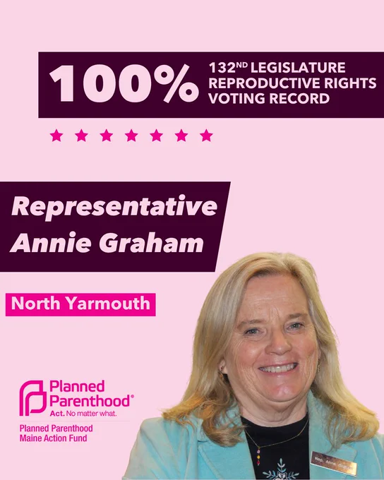 The words "100% 132nd legislature reproductive rights voting record" in light pink font on a maroon rectangle on the top right with a light pink background. Below the rectangle are seven bright pink stars. A photograph of Representative Annie Graham is below on the right. To the left "Representative Annie Graham" is written in light pink font on a maroon rhombus and "North Yarmouth" is written below in light pink font on a bright pink background. On the bottom left is the Planned Parenthood Maine Action Fund logo in pink.