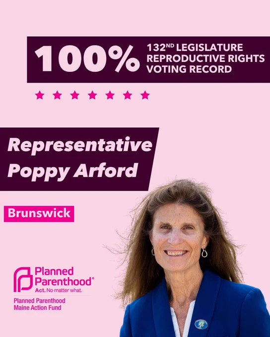 The words "100% 132nd legislature reproductive rights voting record" in light pink font on a maroon rectangle on the top right with a light pink background. Below the rectangle are seven bright pink stars. A photograph of Representative Poppy Arford is below on the right. To the left "Representative Poppy Arford" is written in light pink font on a maroon rhombus and "Brunswick" is written below in light pink font on a bright pink background. On the bottom left is the Planned Parenthood Maine Action Fund logo in pink.