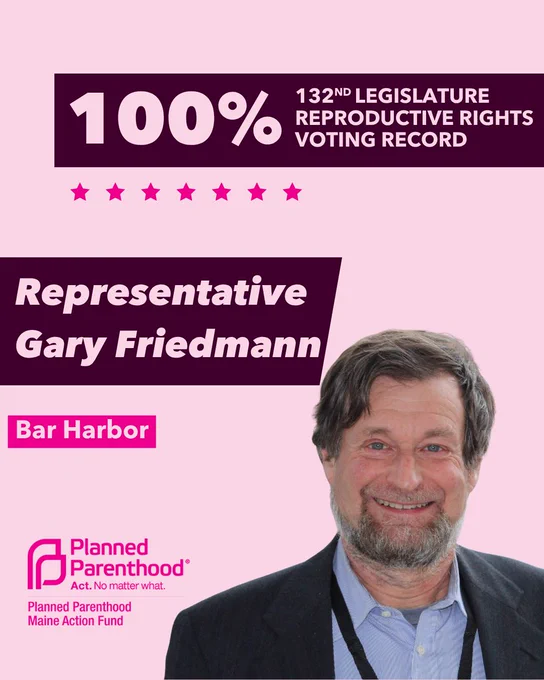 The words "100% 132nd legislature reproductive rights voting record" in light pink font on a maroon rectangle on the top right with a light pink background. Below the rectangle are seven bright pink stars. A photograph of Representative Gary Friedmann is below on the right. To the left "Representative Gary Friedmann" is written in light pink font on a maroon rhombus and "Bar Harbor" is written below in light pink font on a bright pink background. On the bottom left is the Planned Parenthood Maine Action Fund logo in pink.
