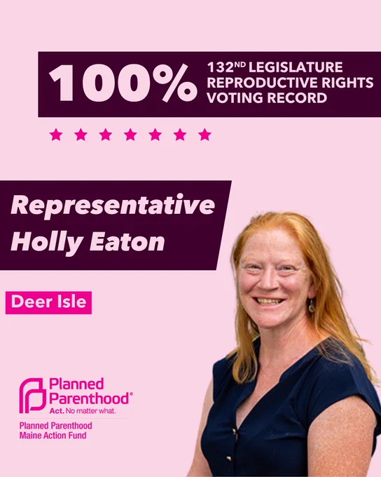 The words "100% 132nd legislature reproductive rights voting record" in light pink font on a maroon rectangle on the top right with a light pink background. Below the rectangle are seven bright pink stars. A photograph of Representative Holly Eaton is below on the right. To the left "Representative Holly Eaton" is written in light pink font on a maroon rhombus and "Deer Isle" is written below in light pink font on a bright pink background. On the bottom left is the Planned Parenthood Maine Action Fund logo in pink.