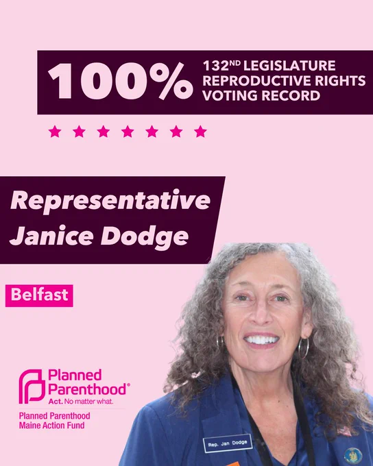 The words "100% 132nd legislature reproductive rights voting record" in light pink font on a maroon rectangle on the top right with a light pink background. Below the rectangle are seven bright pink stars. A photograph of Representative Janice Dodge is below on the right. To the left "Representative Janice Dodge" is written in light pink font on a maroon rhombus and "Belfast" is written below in light pink font on a bright pink background. On the bottom left is the Planned Parenthood Maine Action Fund logo in pink.