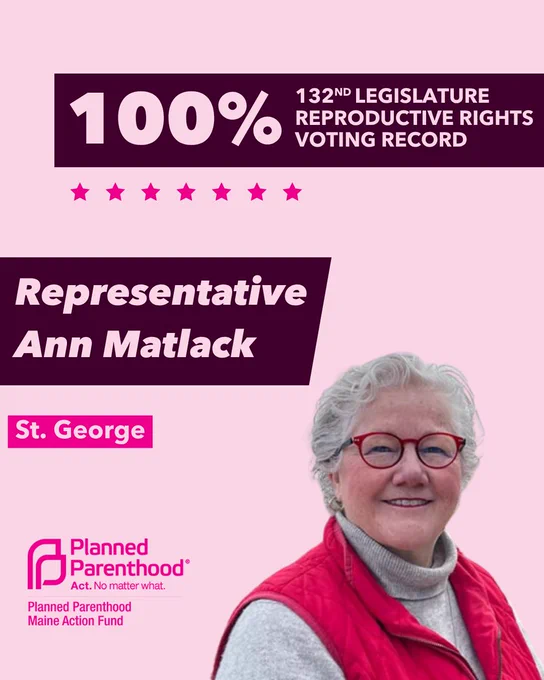 The words "100% 132nd legislature reproductive rights voting record" in light pink font on a maroon rectangle on the top right with a light pink background. Below the rectangle are seven bright pink stars. A photograph of Representative Ann Matlack is below on the right. To the left "Representative Ann Matlack" is written in light pink font on a maroon rhombus and "St. George" is written below in light pink font on a bright pink background. On the bottom left is the Planned Parenthood Maine Action Fund logo in pink.