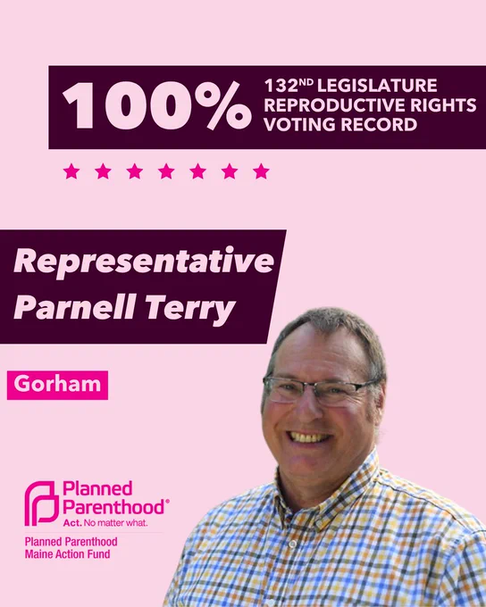 The words "100% 132nd legislature reproductive rights voting record" in light pink font on a maroon rectangle on the top right with a light pink background. Below the rectangle are seven bright pink stars. A photograph of Representative Parnell Terry is below on the right. To the left "Representative Parnell Terry" is written in light pink font on a maroon rhombus and "Gorham" is written below in light pink font on a bright pink background. On the bottom left is the Planned Parenthood Maine Action Fund logo in pink.
