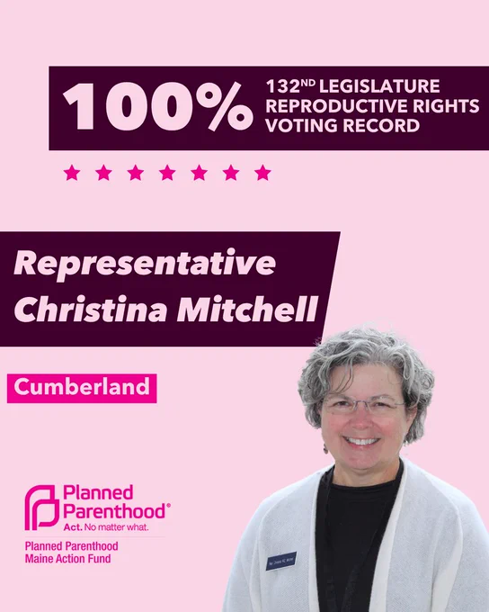 The words "100% 132nd legislature reproductive rights voting record" in light pink font on a maroon rectangle on the top right with a light pink background. Below the rectangle are seven bright pink stars. A photograph of Representative Christina Mitchell is below on the right. To the left "Representative Christina Mitchell" is written in light pink font on a maroon rhombus and "Cumberland" is written below in light pink font on a bright pink background. On the bottom left is the Planned Parenthood Maine Action Fund logo in pink.