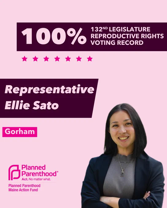 The words "100% 132nd legislature reproductive rights voting record" in light pink font on a maroon rectangle on the top right with a light pink background. Below the rectangle are seven bright pink stars. A photograph of Representative Ellie Sato is below on the right. To the left "Representative Ellie Sato" is written in light pink font on a maroon rhombus and "Gorham" is written below in light pink font on a bright pink background. On the bottom left is the Planned Parenthood Maine Action Fund logo in pink.