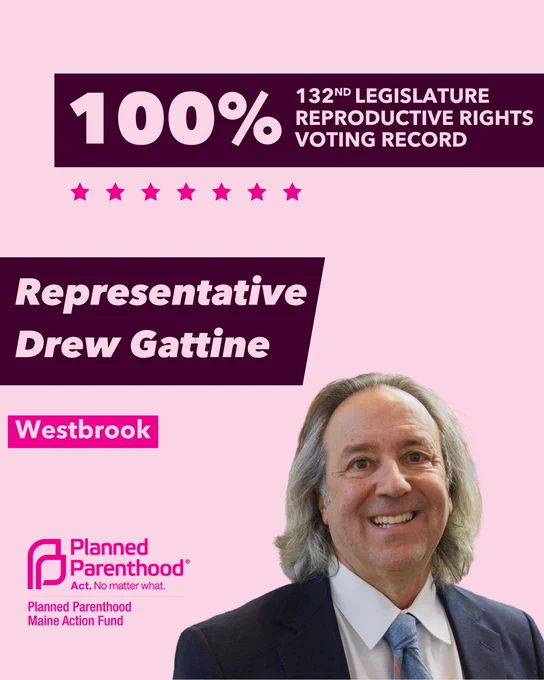 The words "100% 132nd legislature reproductive rights voting record" in light pink font on a maroon rectangle on the top right with a light pink background. Below the rectangle are seven bright pink stars. A photograph of Representative Drew Gattine is below on the right. To the left "Representative Drew Gattine" is written in light pink font on a maroon rhombus and "Westbrook" is written below in light pink font on a bright pink background. On the bottom left is the Planned Parenthood Maine Action Fund logo in pink.