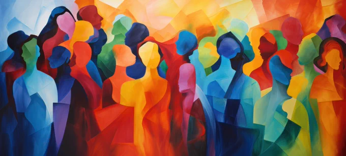 A colorful abstract painting filled with overlapping human silhouettes in vibrant reds, blues, yellows, greens, and oranges. The faceless figures blend together, creating a sense of unity, movement, and collective energy.