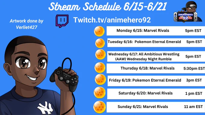 This is a photo of Jack aka Animehero92's stream schedule for the week of June 15th-21st on Twitch
