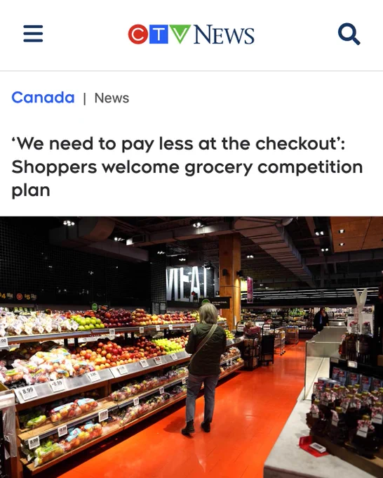 Screenshot of an article from CTV News. The headline reads: We need to pay less at the checkout: Shoppers welcome grocery competition plan.