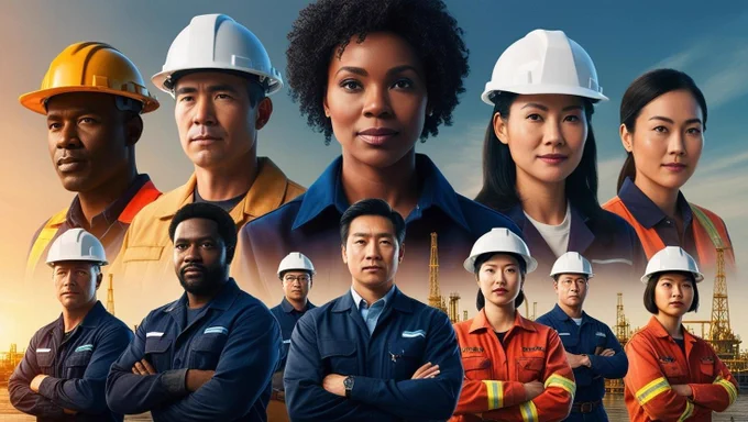 Diverse group of workers in the gas and oil industry.  Some are wearing hard hats and some have their arms folded.  They are men and women for diverse racial and cultural backgrounds and are wearing work related uniforms.  They represent diversity in the gas and oil industry.