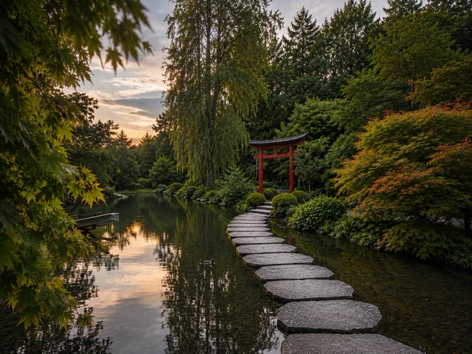 Ein ruhiger japanischer Garten im warmen Abendlicht. Ein geschwungener Weg aus Trittsteinen führt über einen stillen Teich, der die umliegenden Bäume und den Himmel spiegelt. Im Hintergrund steht ein rotes Torii-Tor, umgeben von üppigem Grün und einer friedlichen Atmosphäre.