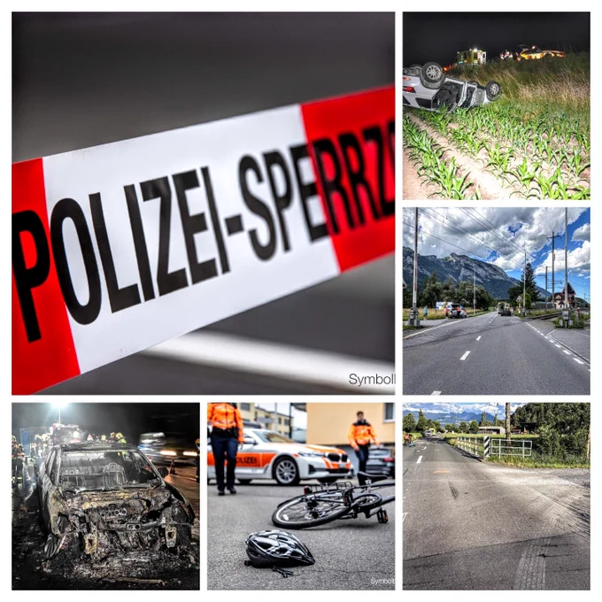 The image contains a collage of various scenes, including police vehicles, an overturned car, a bicycle accident, and road views of a mountainous area.