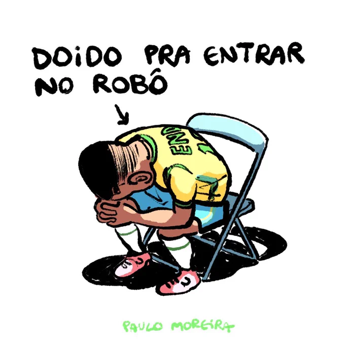 outra ilustração do nosso menino endrick, agora como um shinji de evangelion sentado na cadeira e olhando pra baixo, a frase “doido pra entrar no robô”