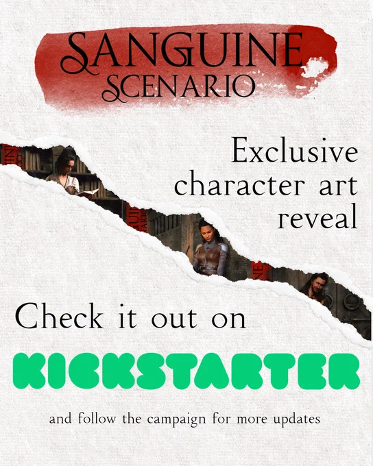 Teaser graphic and text: Sanguine Scenario, exclusive character reveal. Check it out on Kickstarter and follow the campaign for more updates