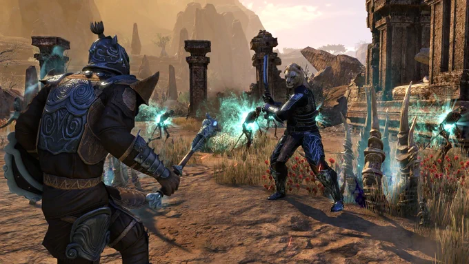 Two characters battle with a mix of magic and weaponry.