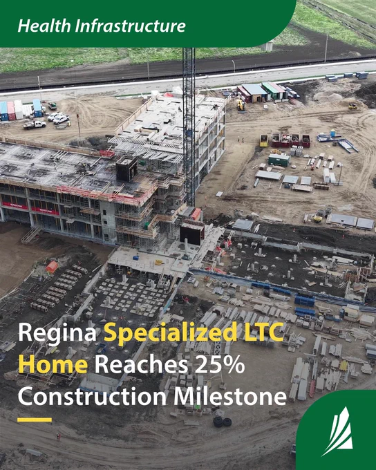 Aerial view of construction site. Text overlay reads Health Infrastructure: Regina Specialized LTC Home Reaches 25% Construction Milestone