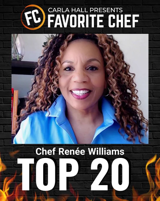 Promotional graphic for the Favorite Chef Contest featuring Chef Renée Williams. The image shows a smiling portrait of Chef Renée against a dark brick background with the Favorite Chef Contest logo at the top. Large text highlights her achievement of reaching the “Top 20.” Decorative flames frame the bottom of the design, creating an energetic and competitive atmosphere. The graphic celebrates Chef Renée’s progress in the contest and encourages supporters to help her advance to the number one spot.