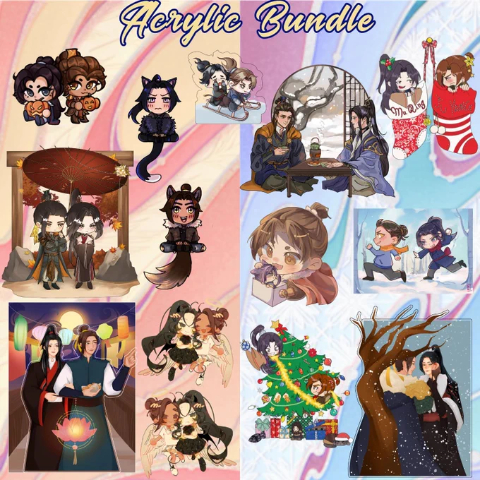 Graphic illustrating the items in the Acrylics only bundle. The image is divided in two; the left side has a swirly orange background and the autumn items. The right side has a blue swirly background and the winter items. Top middle the text 'Acrylic Bundle' is written in cursive yellow font