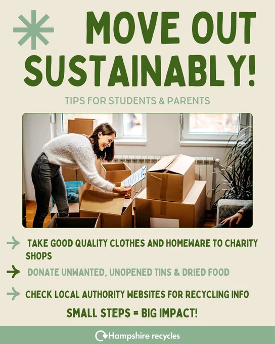Beige background with a photo of cardboard moving boxes in the centre. Green text details how to move out stainability. White Hampshire Recycles logo on a green background in the bottom centre.