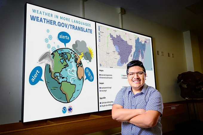 A new study led by Illinois professor Joseph Trujillo-Falcón documents how the National Weather Service is using artificial intelligence to develop a comprehensive translation program that delivers life-saving forecasts and alerts in Spanish, Chinese, Vietnamese, Samoan, French and other languages. Photo by Fred Zwicky.