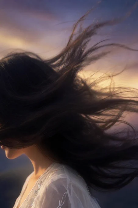 Long dark hair flowing on the wind with soft sunset background