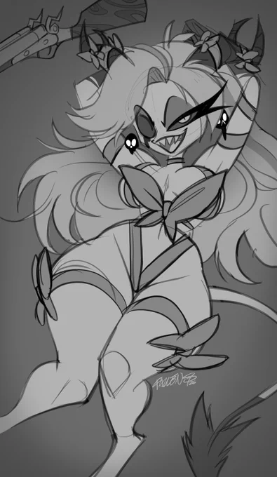 Sketch of Martha from Helluva Boss' first episode "Murder Family" in a stylized ribbon outfit referencing the style of the 2025 Valentine Poster.