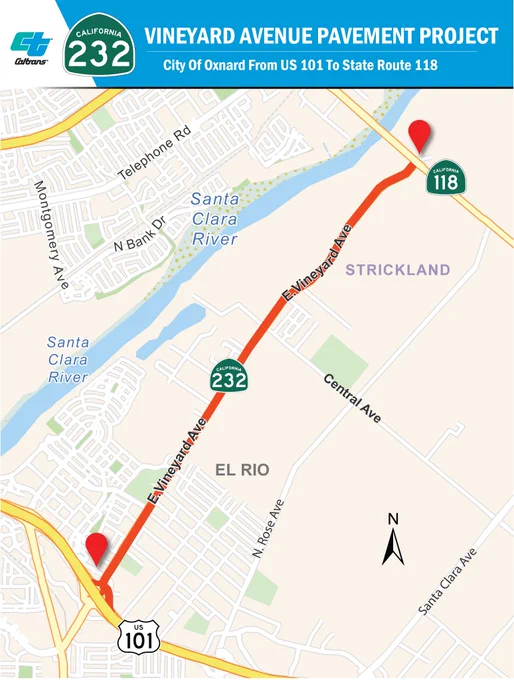 Map location of lane closures on Vineyard Avenue. 