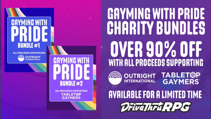 Two huge bundle deals with hundreds of $ worth of RPGs, Comics, Fiction, and more at DriveThruRPG for Pride organizations.
