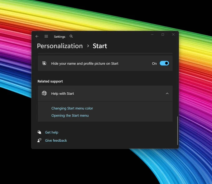A screenshot of the Start menu settings - a toggle to hide your name and profile picture checked