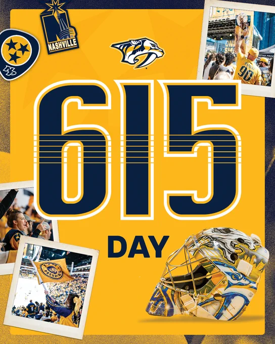 Graphic for 615 day with "615 day" written on a gold background. There are various photos of fans around the graphic in addition to Preds stickers 