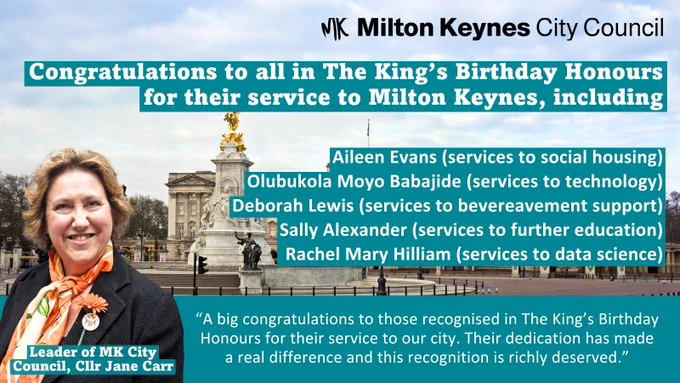 Congratulations to all in The King's Birthday Honours for their service to Milton Keynes
